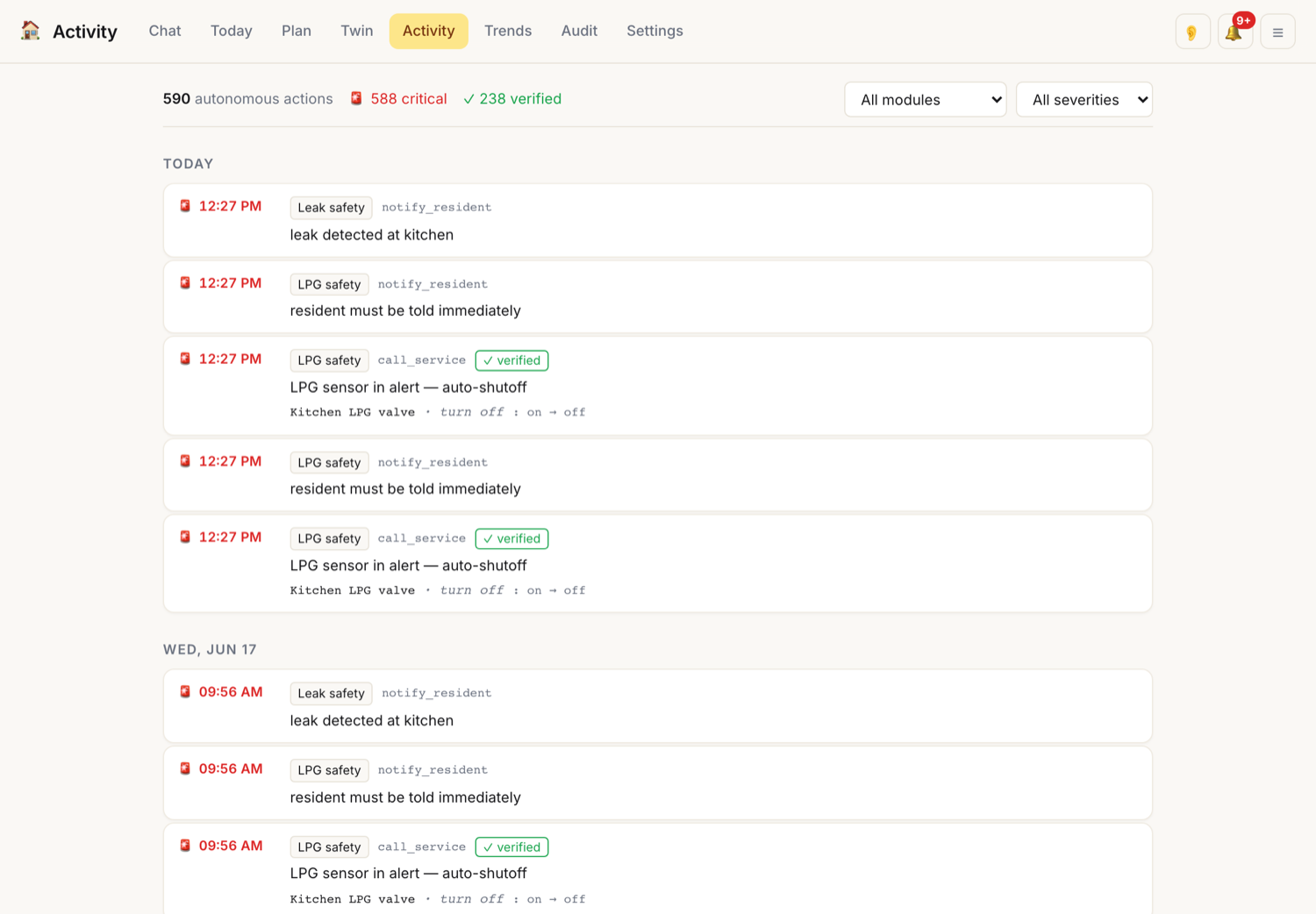 Activity timeline of every autonomous action the house took, with reasoning