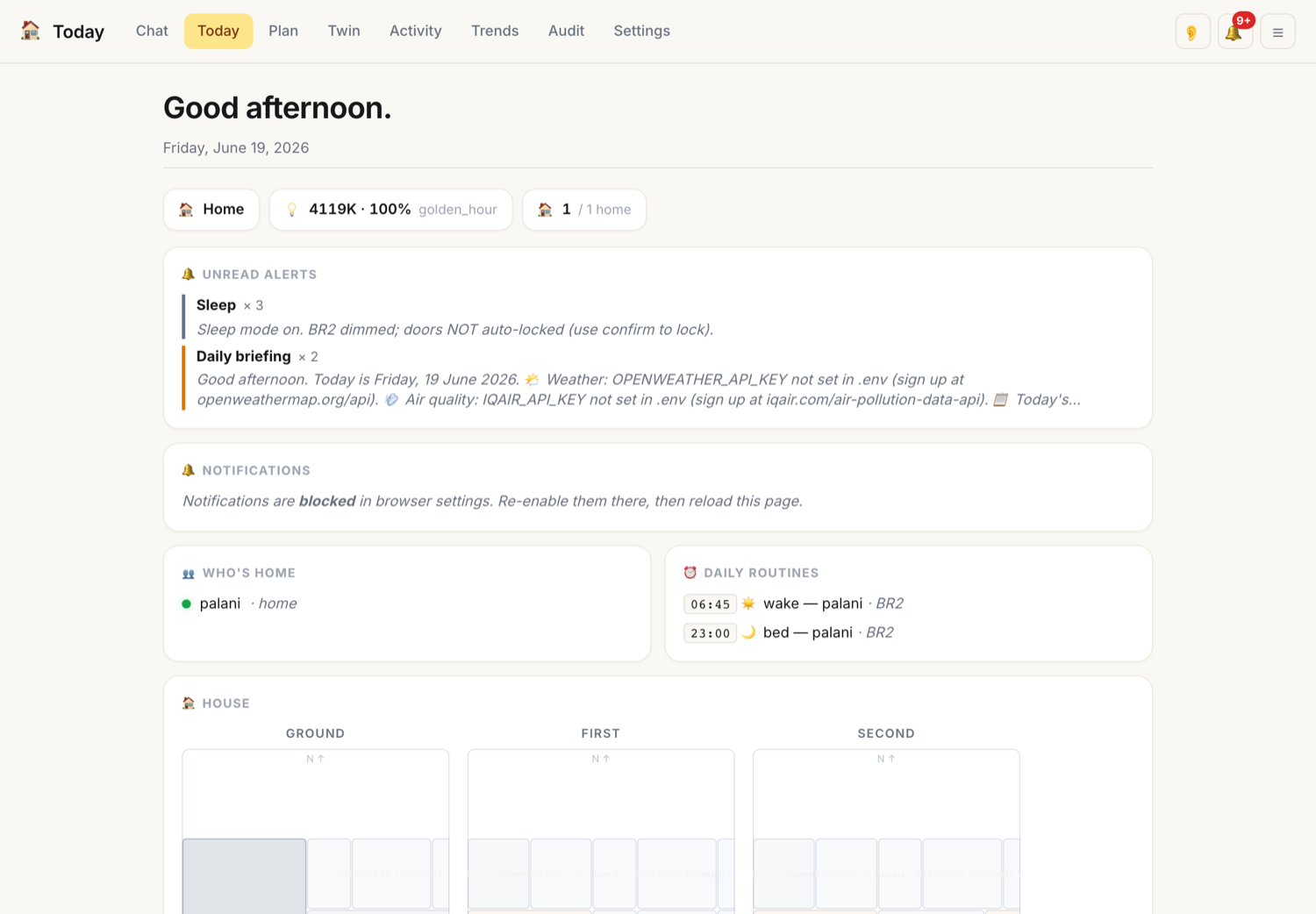 Today dashboard showing weather, lighting curve, presence and daily routines