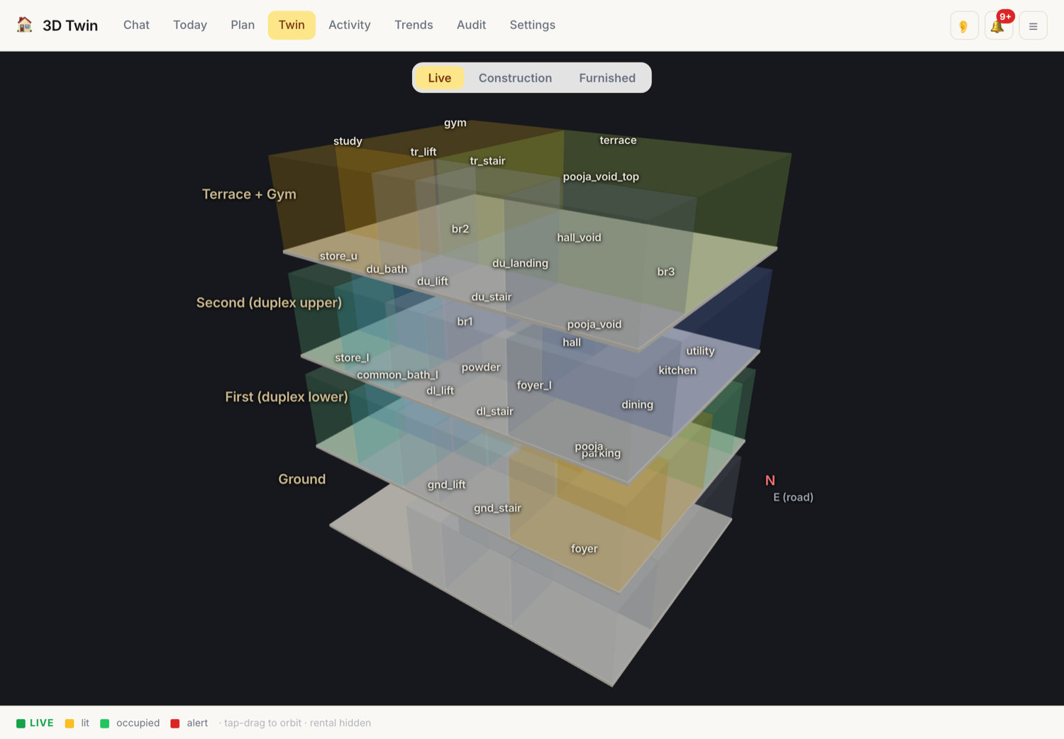 Live 3D digital twin of the home, floor by floor